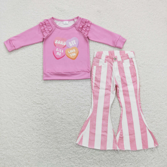 GLP1169 Baby Girl Long Sleeves Hearts Shirt Pink Stripes Denim Bell Pants Valentine's Day Set