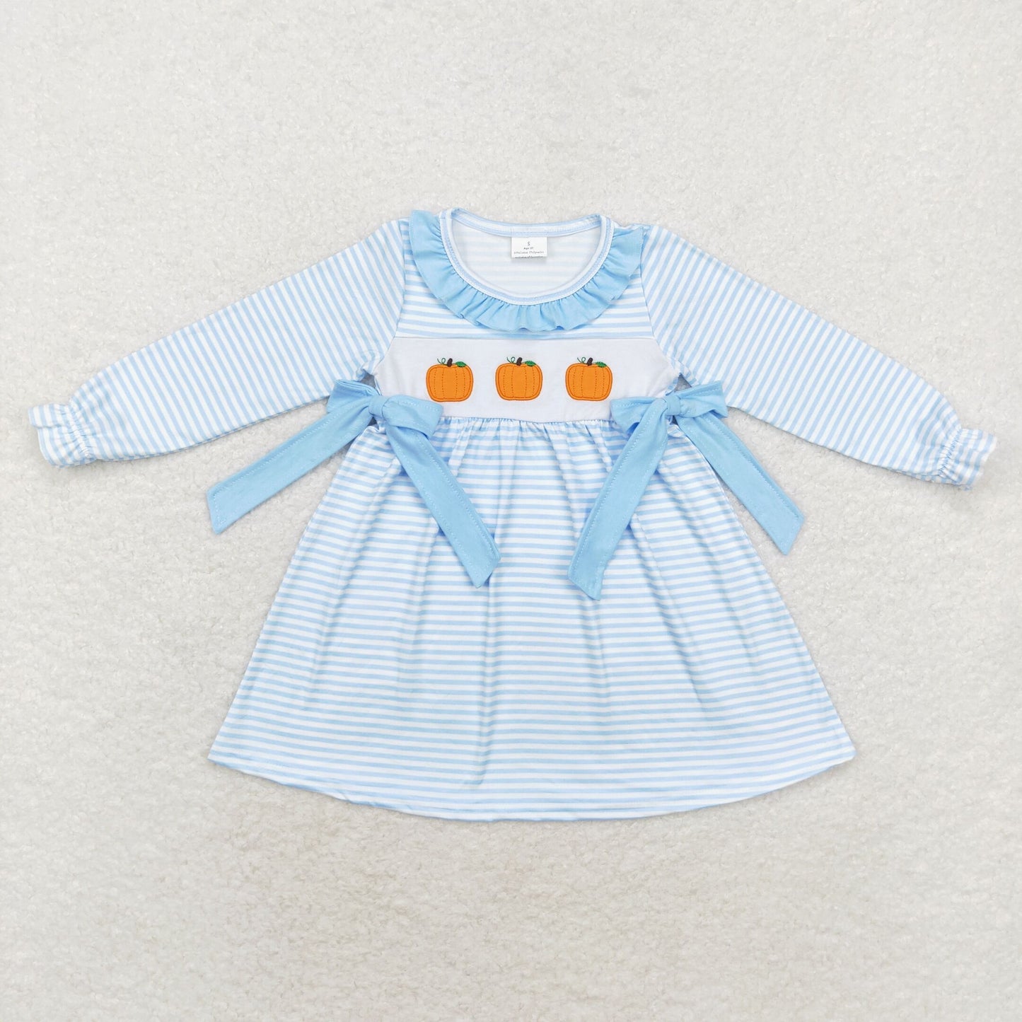 Baby Girl Blue Stripes Embroidery Pumpkin Knee Length Dress