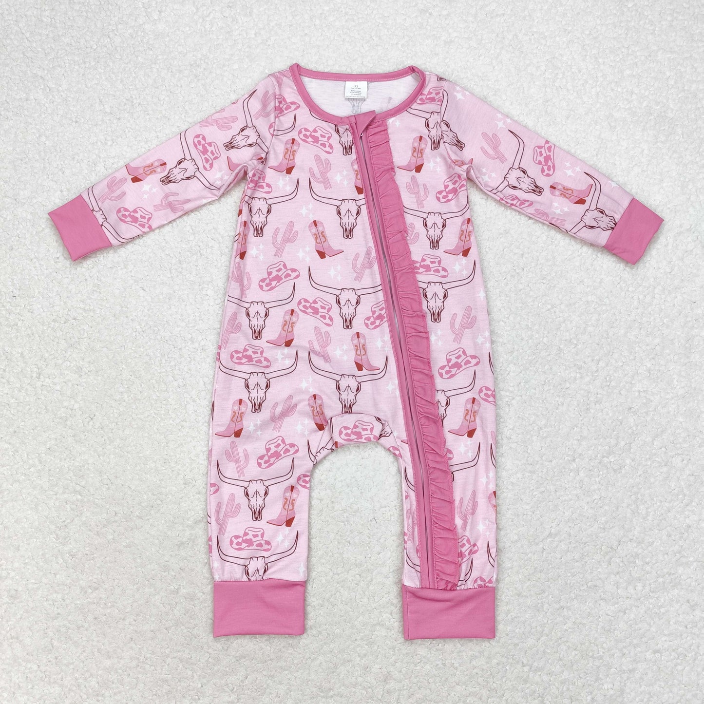 RTS Baby Girl Cow Skull Pink Ruffle Zip Romper