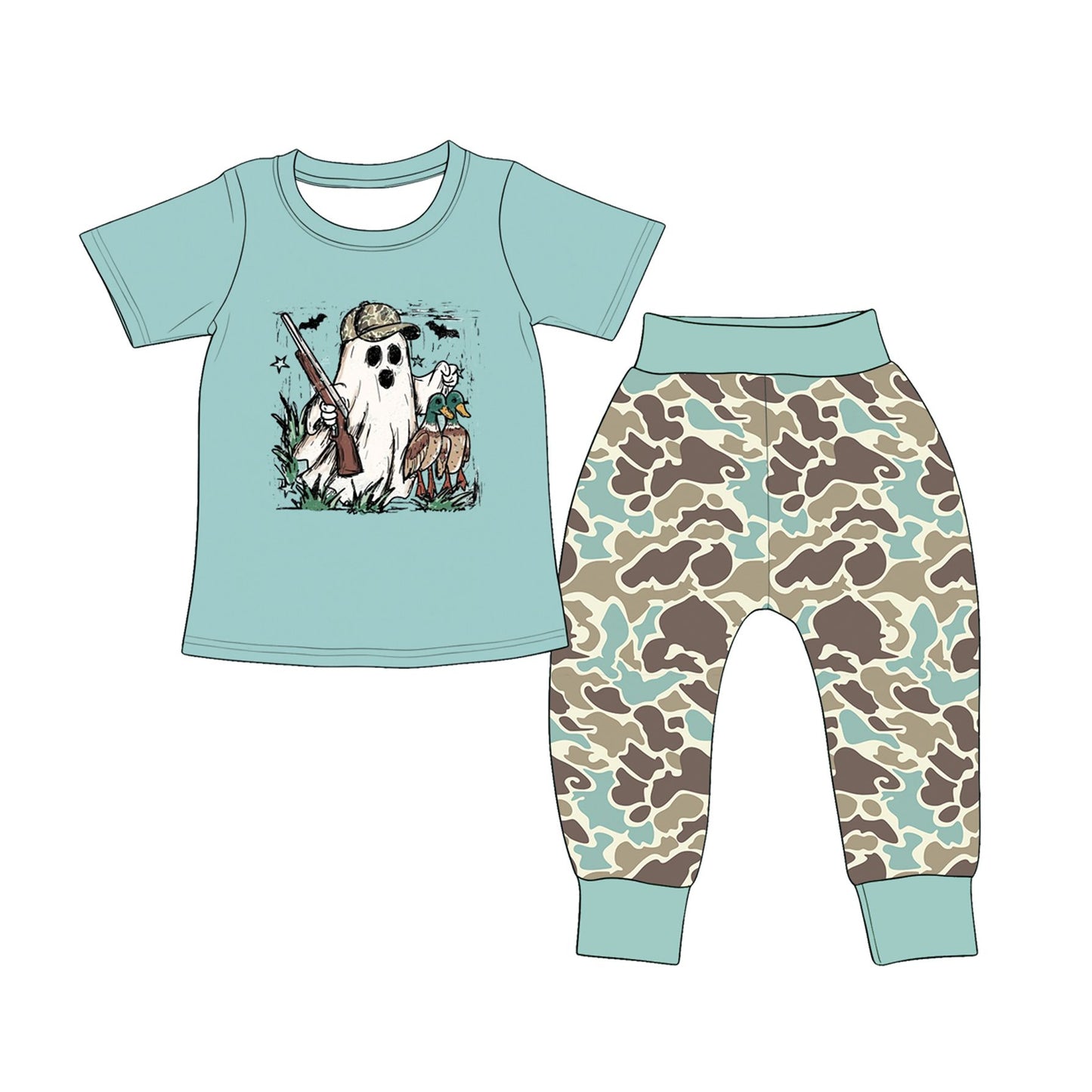 ( Moq 5 ) Preorder Baby Boys Kids Ghost Ducks Shirt Camo Pants Halloween Set Clothes