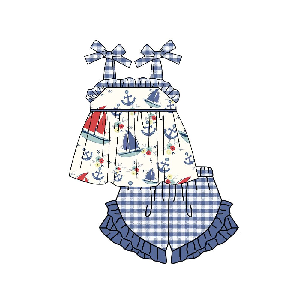 Moq 3 Pre-order GSSO0754 Baby Girl Sleeveless Tops Plaid Ruffle Shorts Summer Set