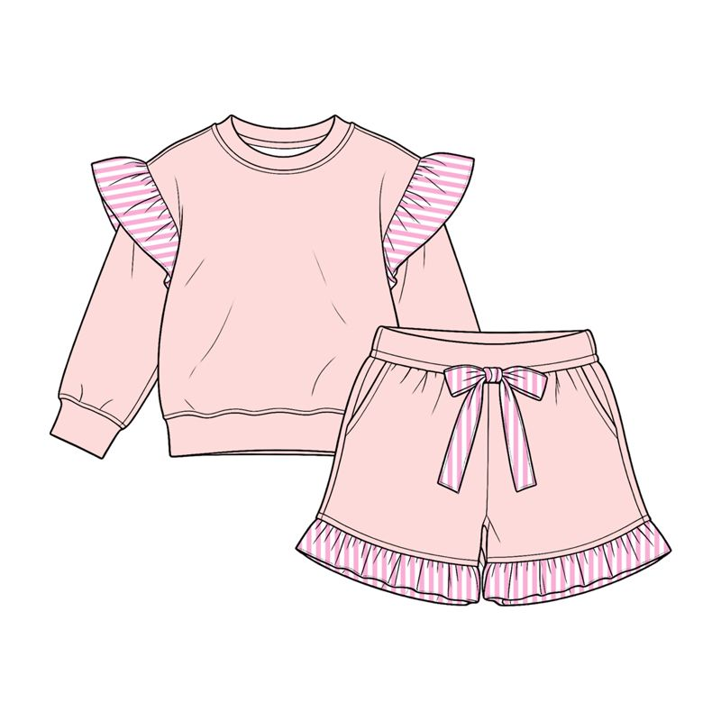 ( Moq 5 ) Preorder Baby Girls Kids Pink Long Sleeves Tops Pockets Shorts Cotton Set Clothes