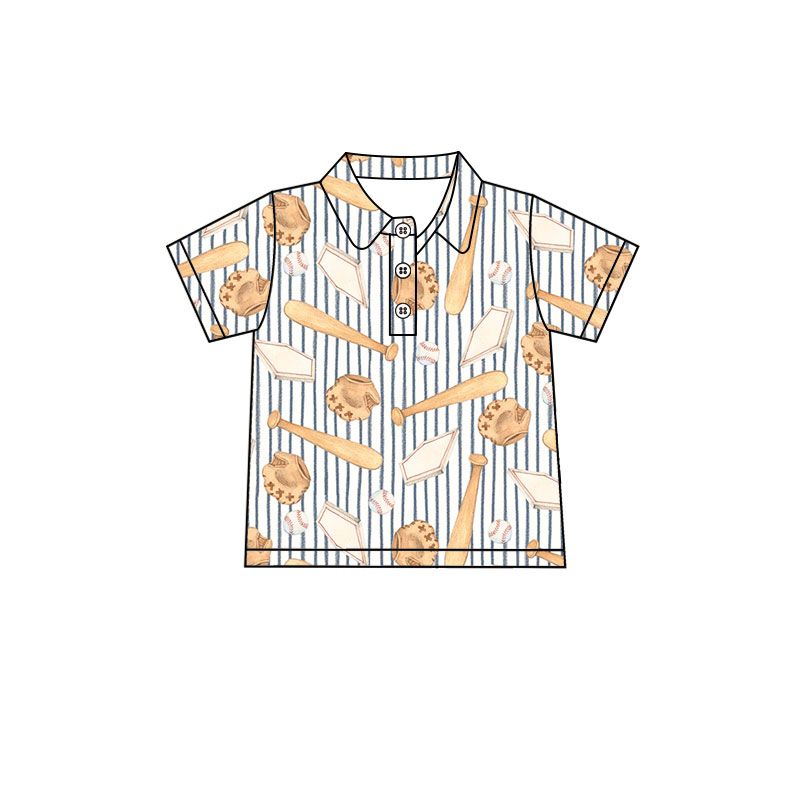 ( Moq 5 ) Preorder Baby Boys Kids Short Sleeves Buttons Shirt Tops Baseball Stripes Clothes