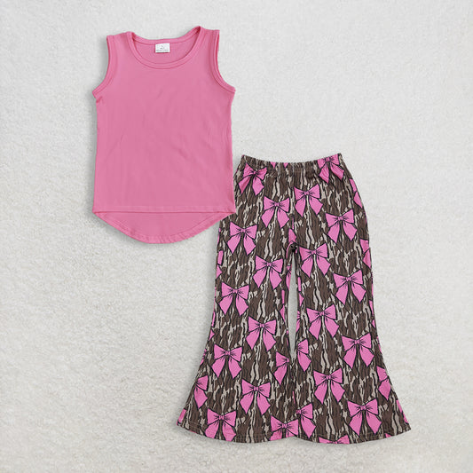 Baby Girls Kids Sleeveless Pink Tops Bows Camo Pants Set RTS