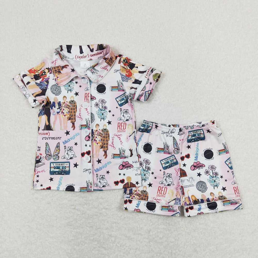 Baby Girl Singer Sibling Buttons Shirts Shorts Pajamas Set