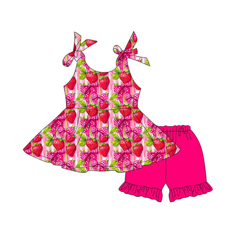 ( Moq 5 )  Preorder Baby Girls Kids Straps Strawberry Bows Tunic Pink Ruffle Shorts Set Summer Clothes