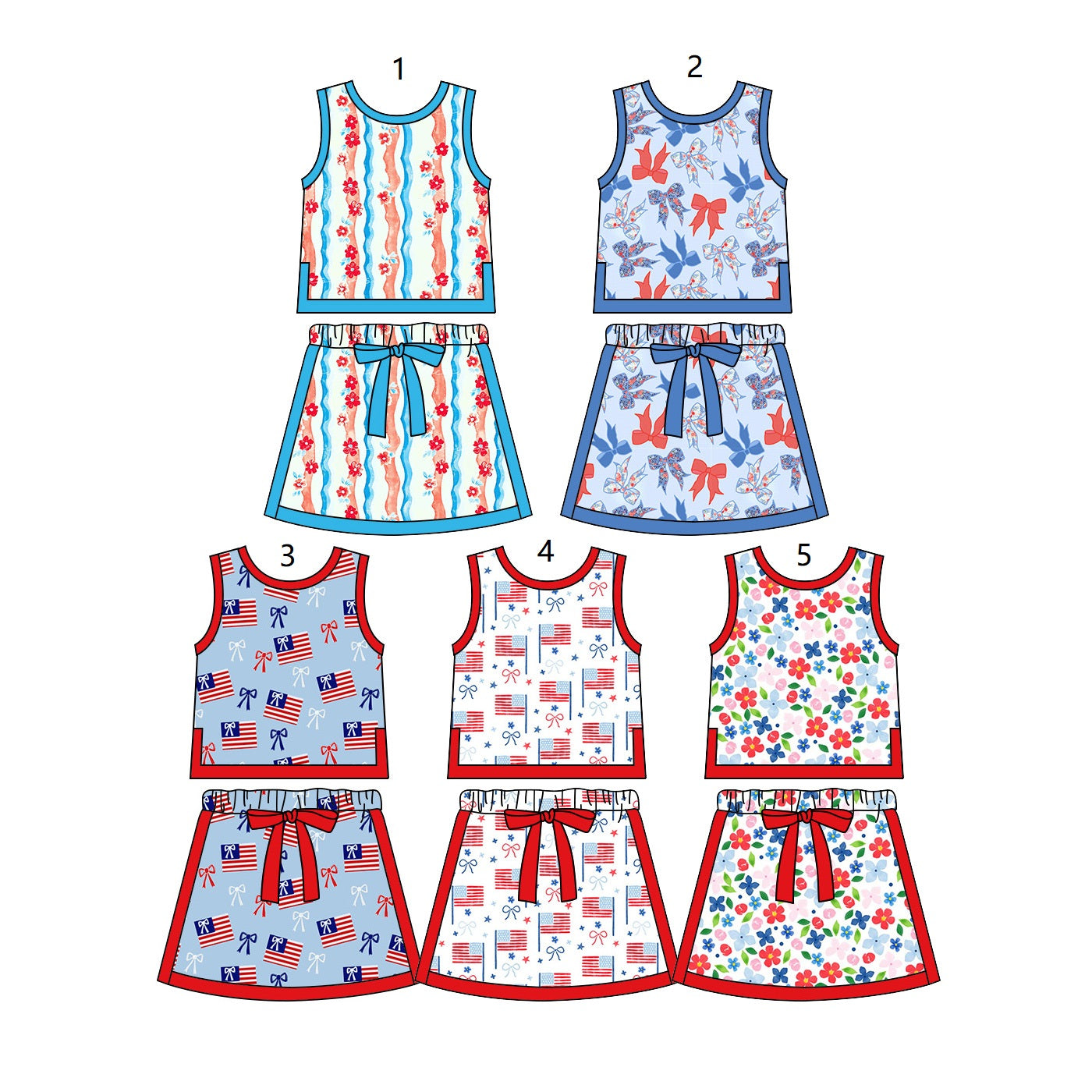 ( Moq 5 Each Style ) Sibling Baby Girls Kids Flower Flags Bows Shirts Skorts 4th of July Sets