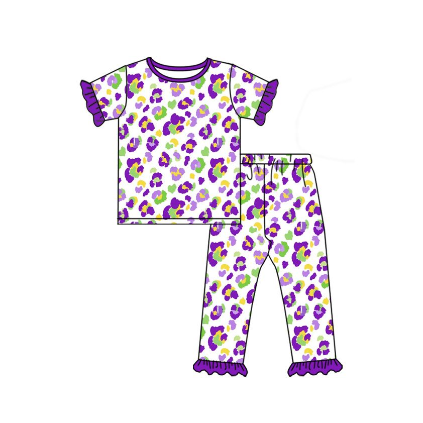 ( Moq 5 ) Preorder Baby Girls Kids Leopard Mardi Gras Shirt Pants Pajamas Set Clothes