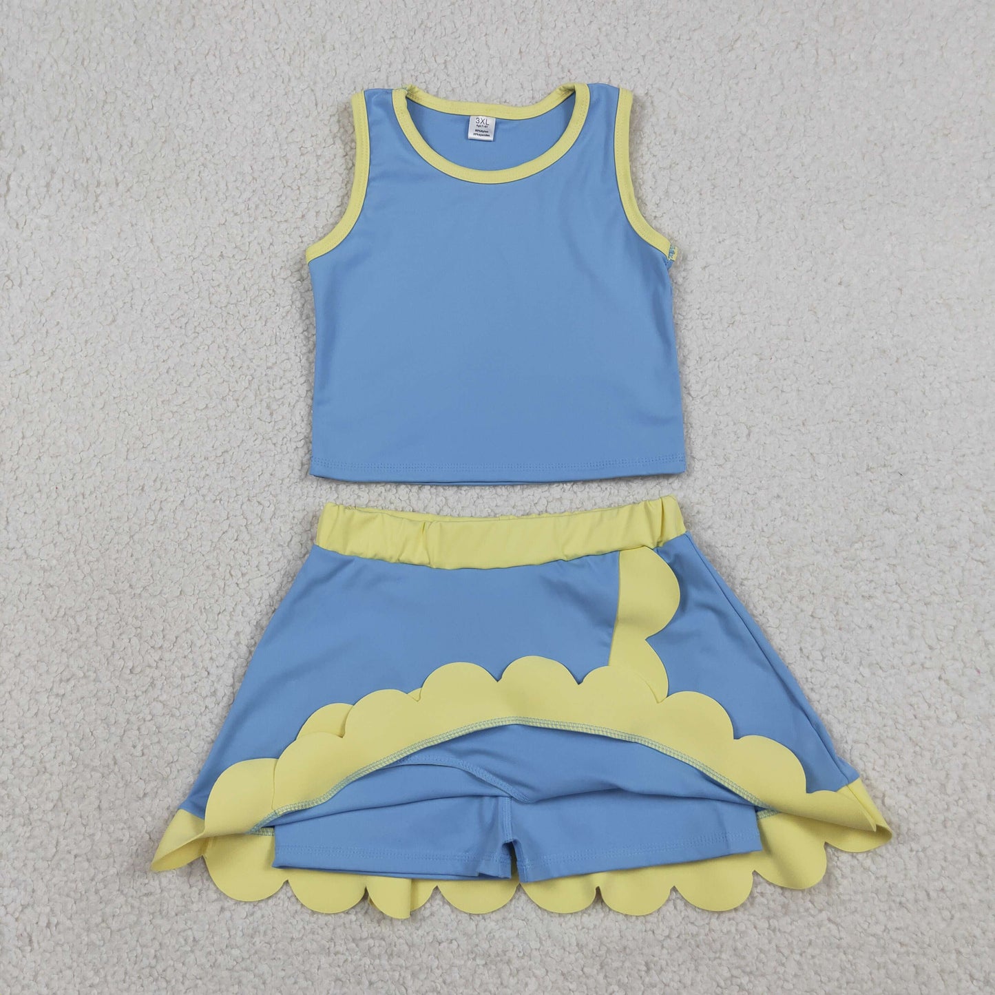 Baby Girls Kids Shirt Scallop Skirt Shorts Yoga Active Blue Yellow Set Clothes RTS