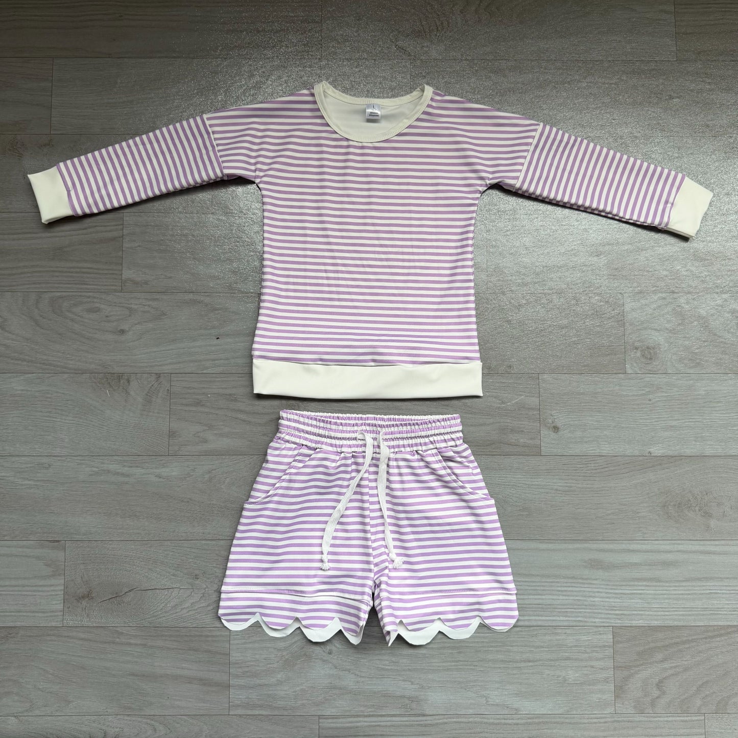 ( No moq ) Preorder Baby Girls Kids Long Sleeves Purple Stripes Shirt Scallop Shorts Set Yoga Active Clothes
