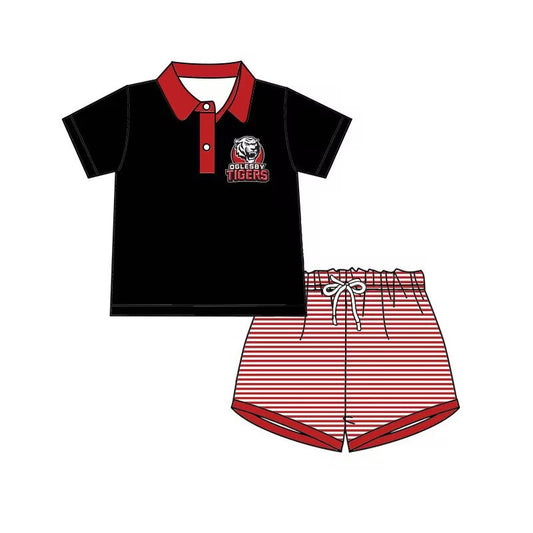 baby girl black short sleeves shirt red stripes shorts team set