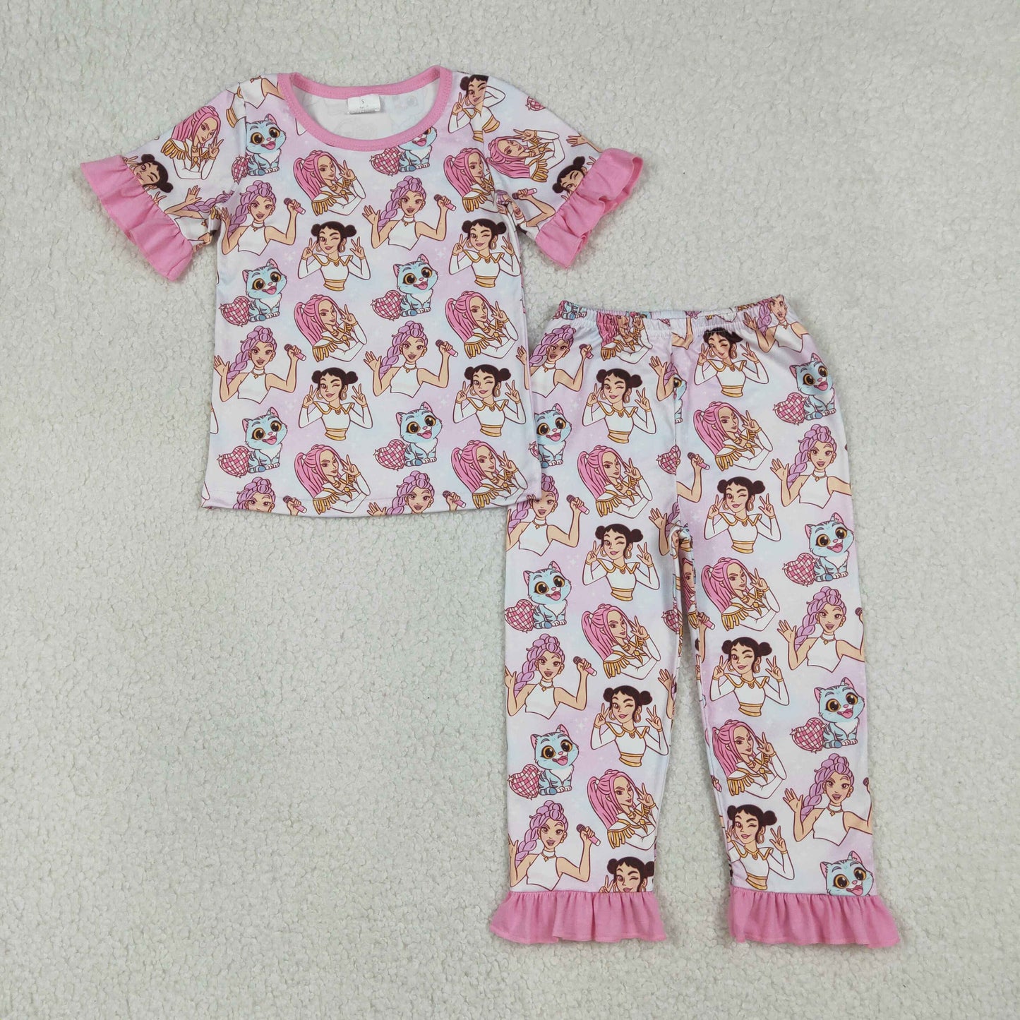 Baby Girls Kids Short Sleeves Singer Shirt Hearts Pants Pajamas Set RTS