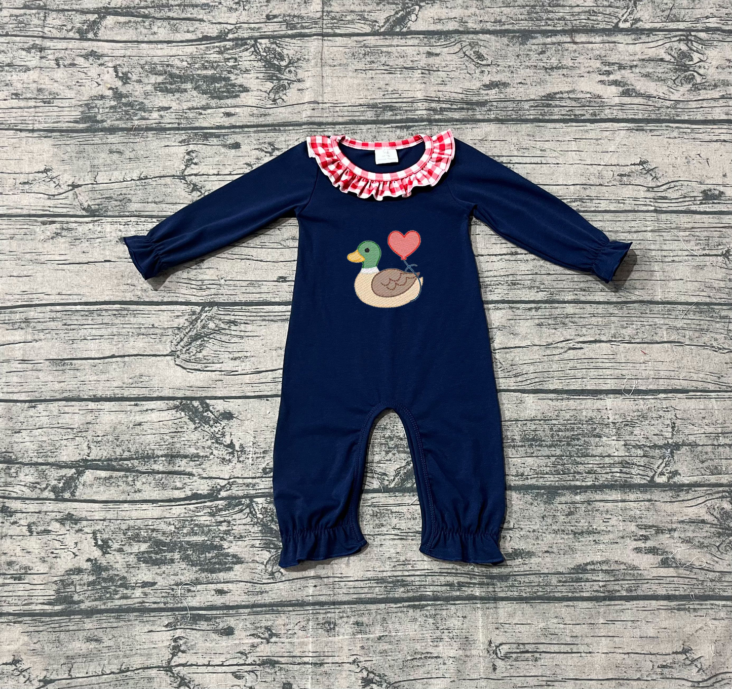 ( No moq ) Preorder Girls Infant Navy Long Sleeves Embroidery Duck Heart Valentine's Day Romper