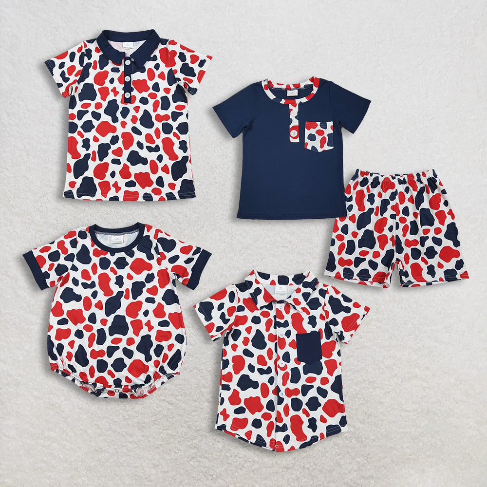 Sibling Baby Boys Short Sleeves Navy Buttons Shirt Camo Shorts Set Romper Shirt 4th of July Clothes RTS