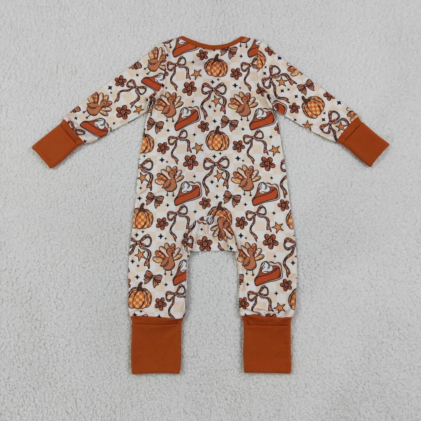 Baby Girls Kids Long Sleeves Pumpkins turkey Bows Zipper Footie Sleeper Fall Romper RTS