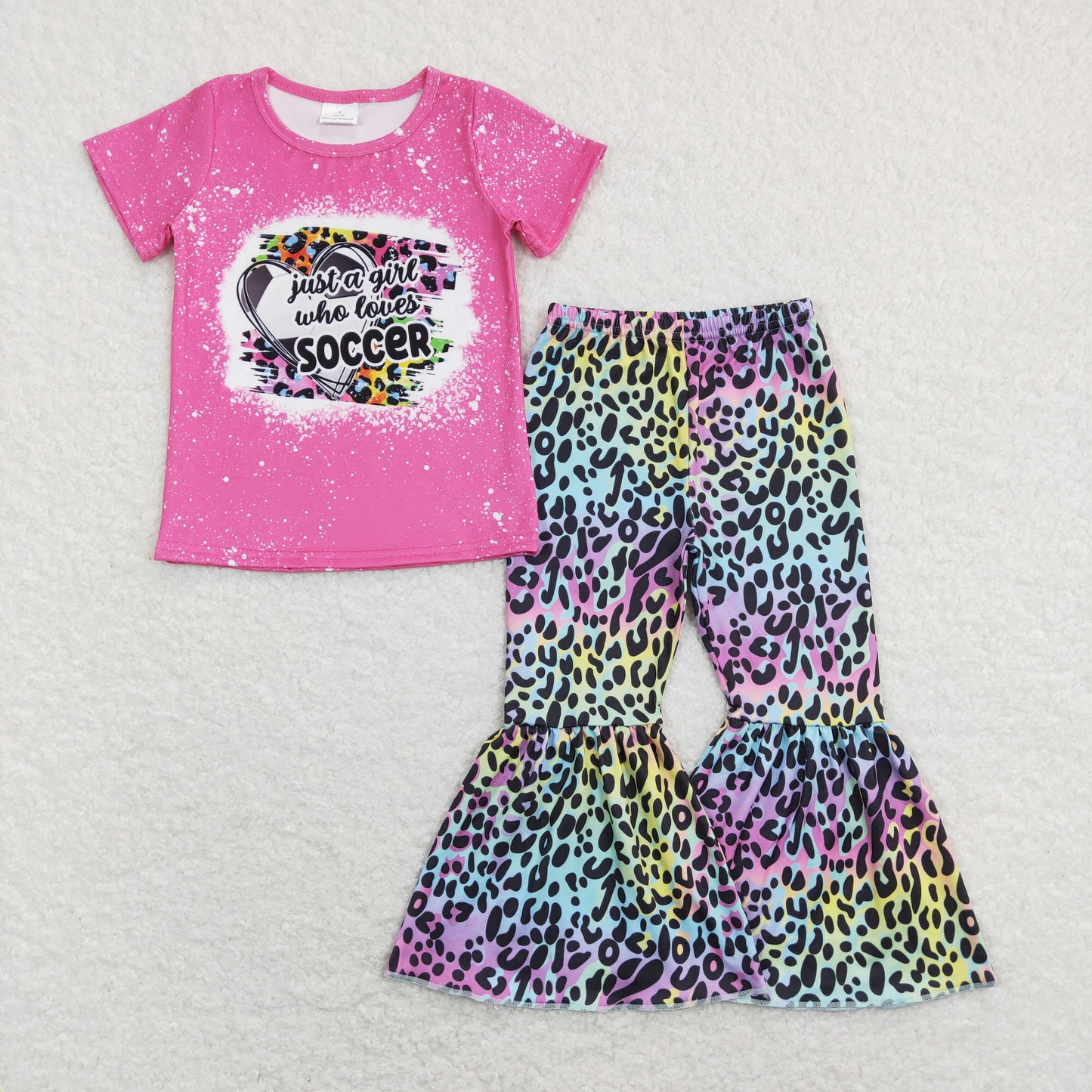 GSPO1273 Baby Girl Pink Short Sleeves Heart Shirt Leopard Bell Pants Set