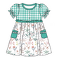 Baby Girl Short Sleeves Flower Green Plaid Sibling Romper Dress Clothes Set ( Moq 5 Each Design )11.19