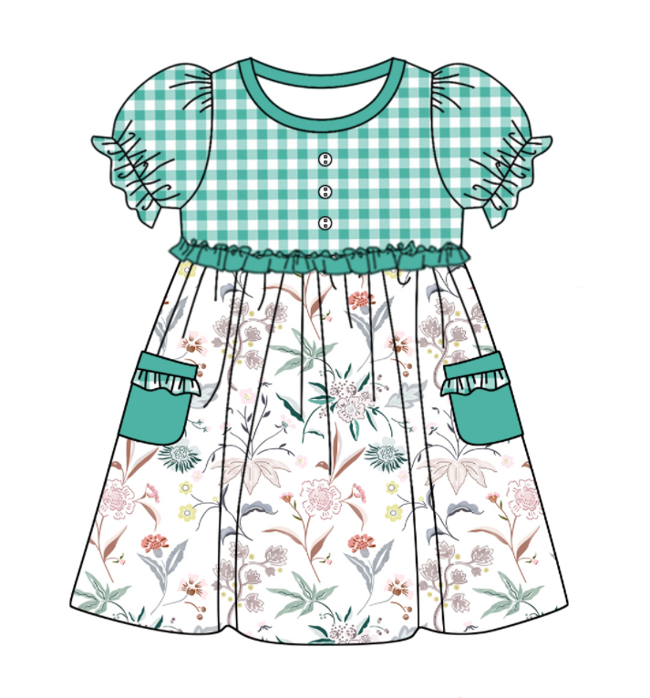 Baby Girl Short Sleeves Flower Green Plaid Sibling Romper Dress Clothes Set ( Moq 5 Each Design )11.19