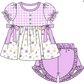 Baby Girl Short Sleeves Flower Plaid Purple Sibling Romper Dress Clothes Set ( Moq 5 Each Design )