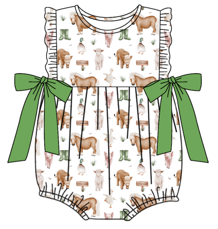 Baby Boy Girl Animals Sibling Matching Green Dress Romper Clothes Set ( Moq 5 Each style )