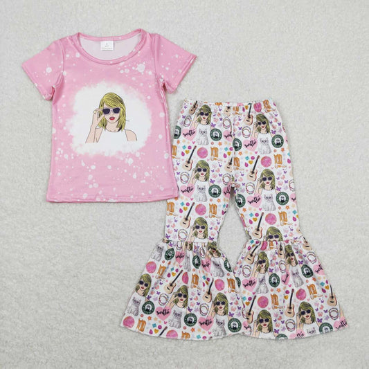 Baby Girl Short Sleeves Pink Shirt Bell Pants Singer Set