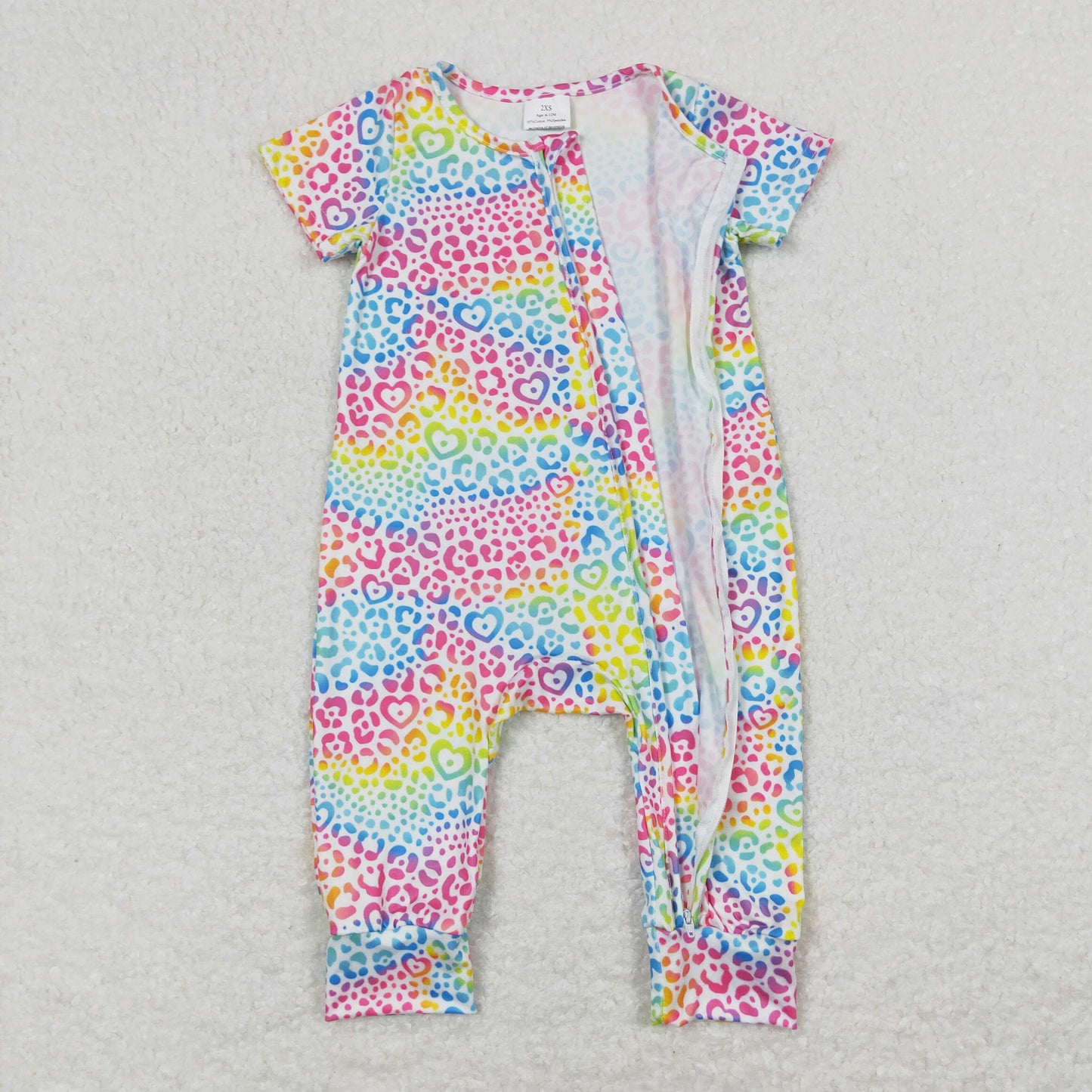 Baby Girl Short Sleeves Colorful Hearts Leopard Zipper One Piece Summer Romper