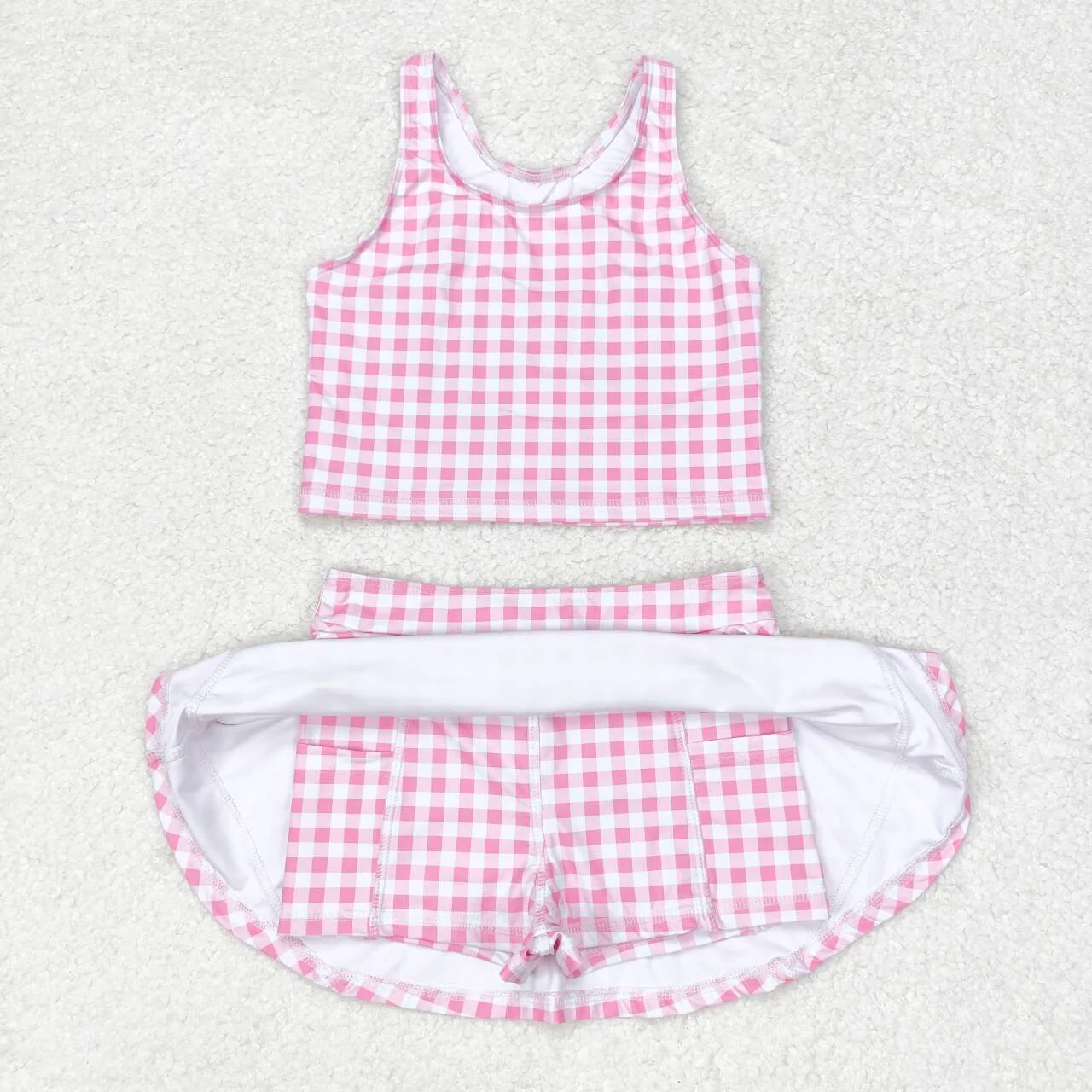 Baby Girl Sleeveless Pink Plaid Tops Skirts Shorts Set