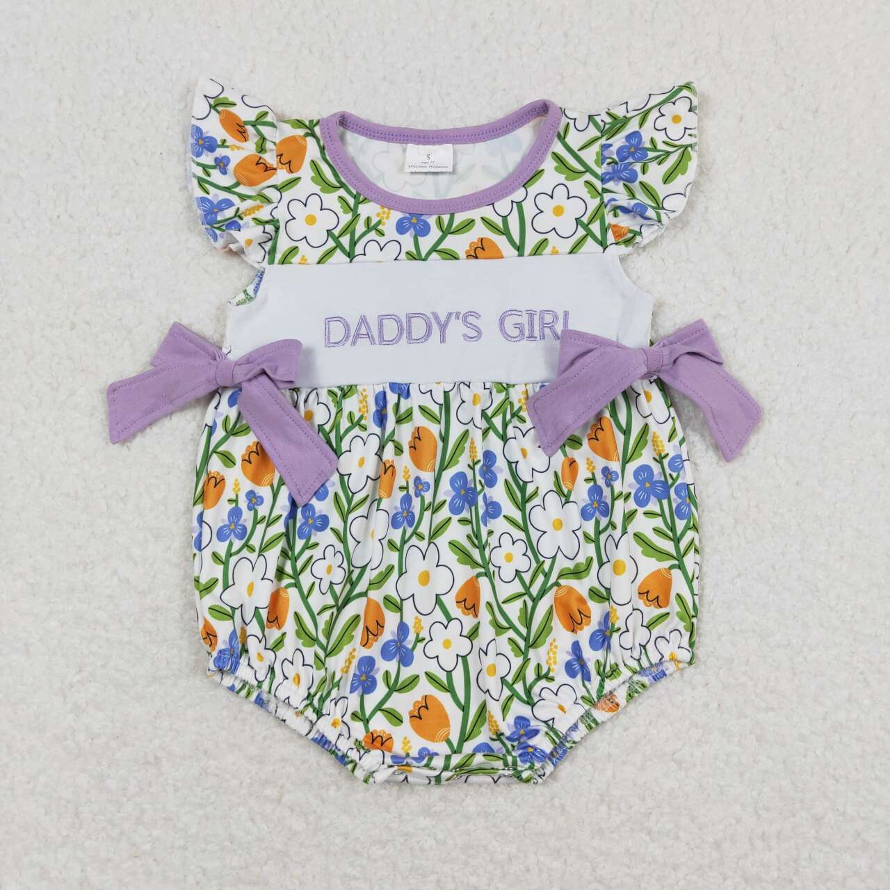 Short Sleeves Embroidery Daddy's Girl Floral Bubble One Piece Romper