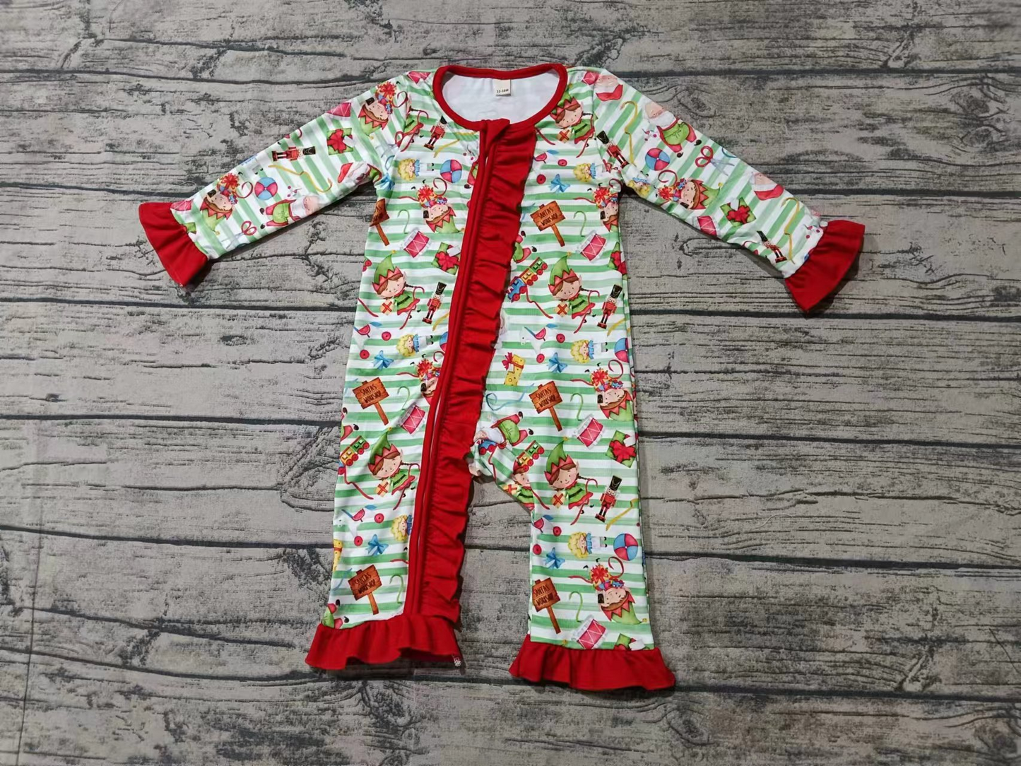 Baby Girl Long Sleeves Green Stripes Christmas Sleeper Zipper Romper