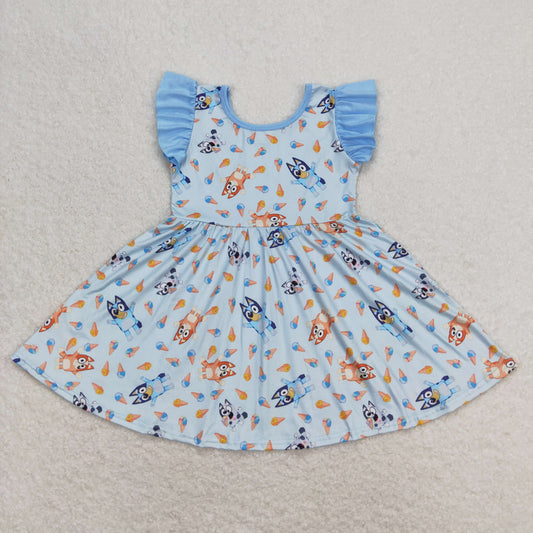 Baby Girl Short Sleeves Dogs Blue Summer Dress