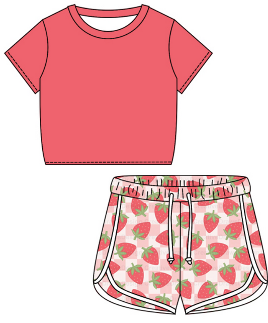 Baby Girl Short Sleeves Shirt Strawberry Checkered Shorts Clothes Set Moq 5