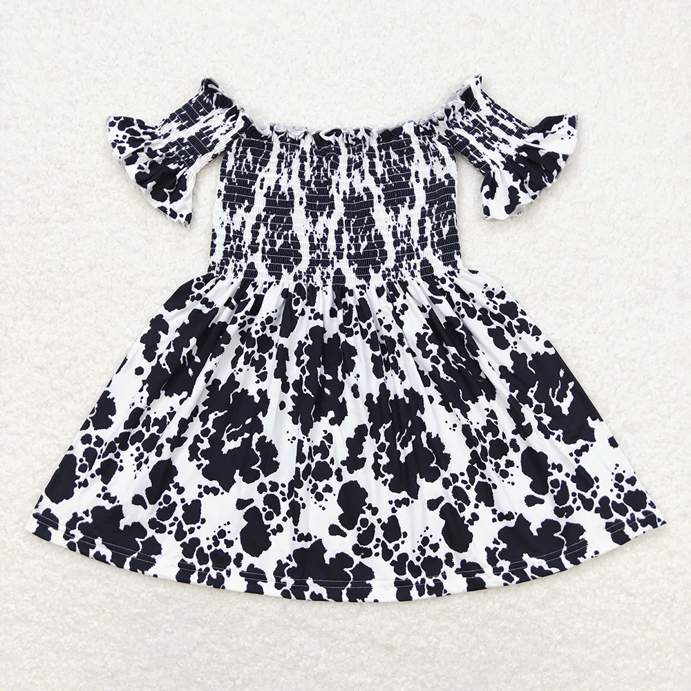 Baby Girl Short Sleeves Elastic Cow Print Dress