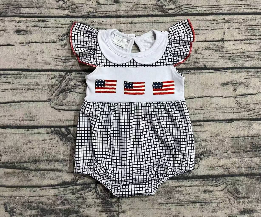 No Moq Pre-order July 4th Baby Girl Embroidery Flag Plaid One Piece Romper