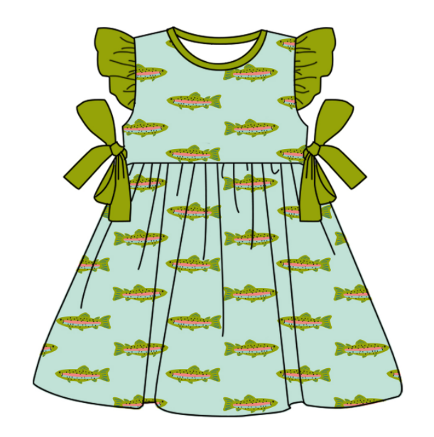 Baby Boy Girl Short Sleeves Fish Sibling Matching Dress Romper Green Clothes Set Moq 5 Each style