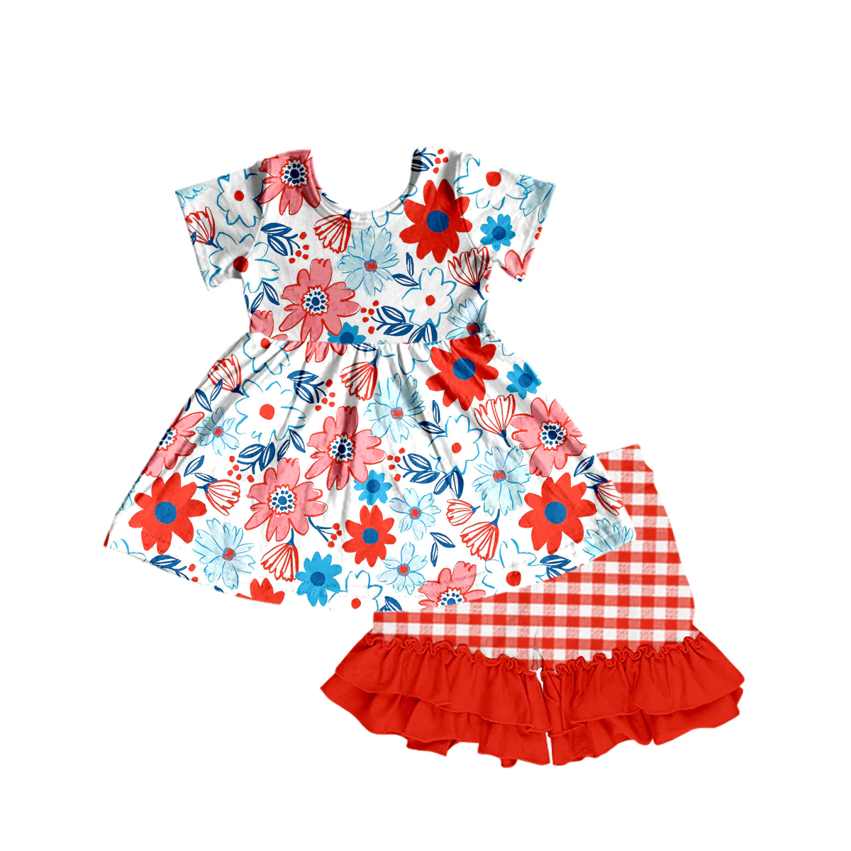 Moq 3 Pre-order GSSO0917 Baby Girl Short Sleeves Floral Tunic Ruffle Plaid Shorts July 4th Set