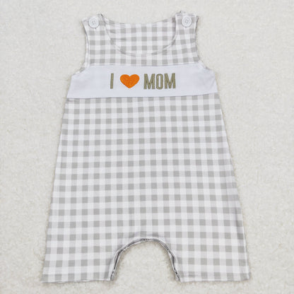 Baby Boy Sleeveless Embroidery I Love Mom Plaid Summer One Piece Romper