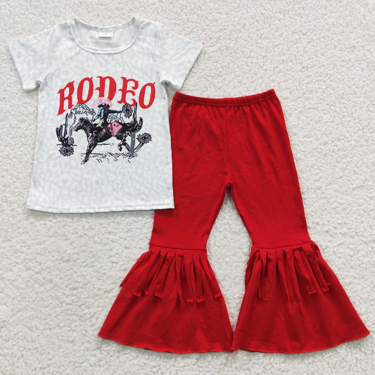 GSPO0602 Baby Girl Western Rodeo Leopard Shirt Red Tassel Bell Pants Outfit