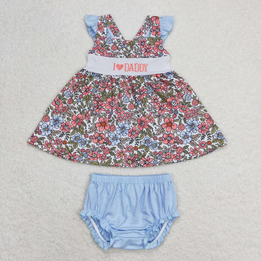 Baby Girl Embroidery I Love Daddy Floral Tunic Blue Bummies Shorts Summer Set