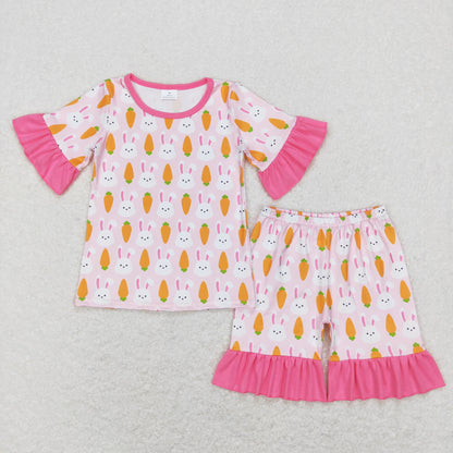 GSSO0407 Baby Girl Easter Short Sleeves Carrot Rabbit Shirt Shorts Pajamas Set