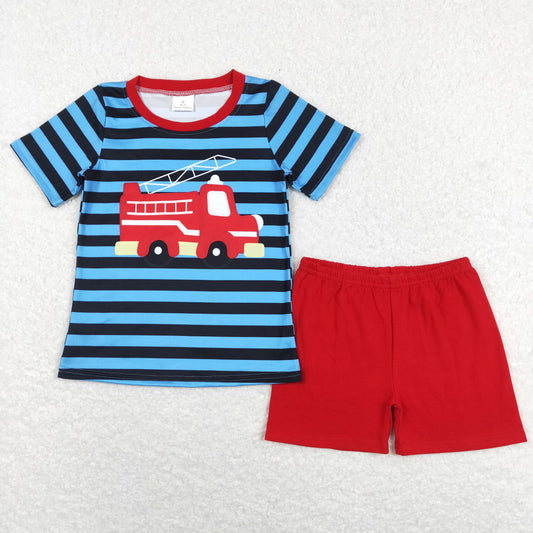 BSSO0469 Baby Boy Short Sleeves Fire Truck Stripes Shirt Red Cotton Shorts Set