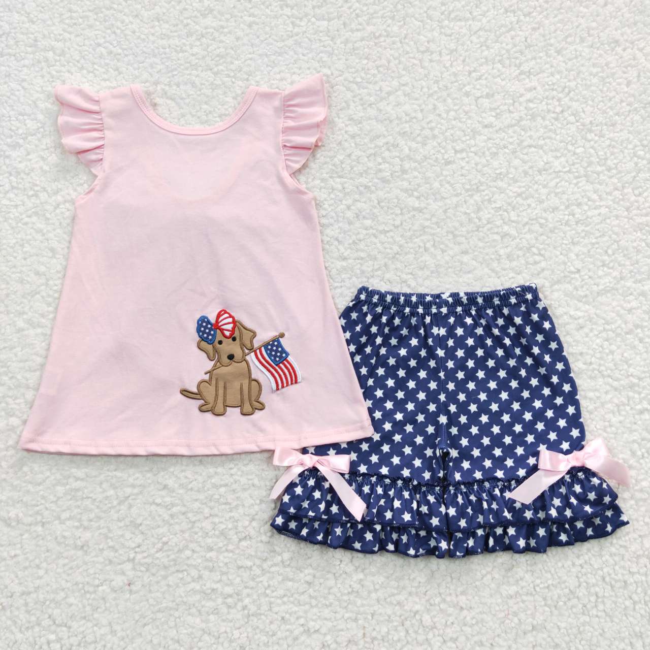 GSSO0236 Baby Girl Embroidery July 4th Dog Flag Short Sleeves  Shorts Summer Outfit