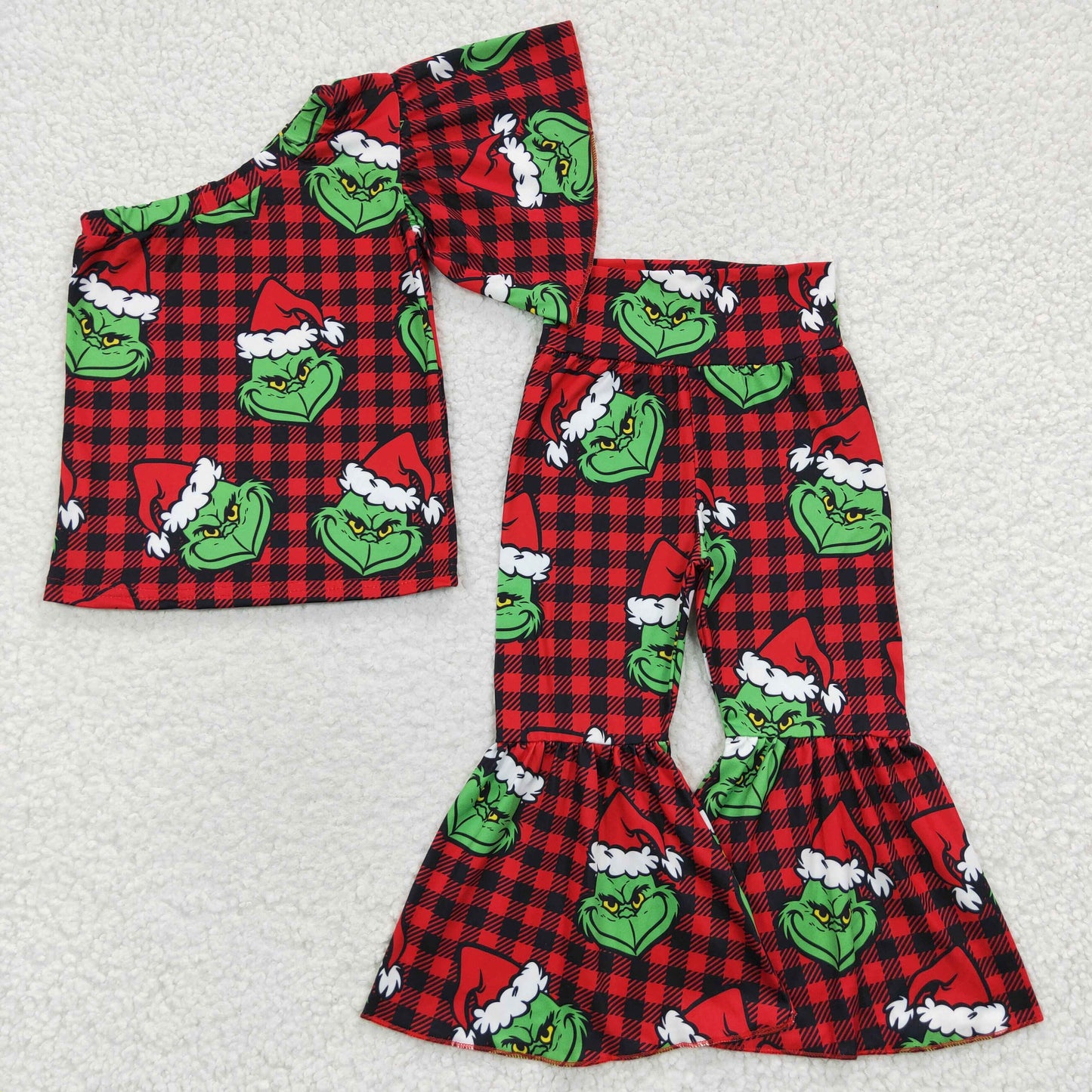 GSPO0654 Christmas Baby Girl One Shoulder Ruffle Top Face Plaid Bell Pants Outfit