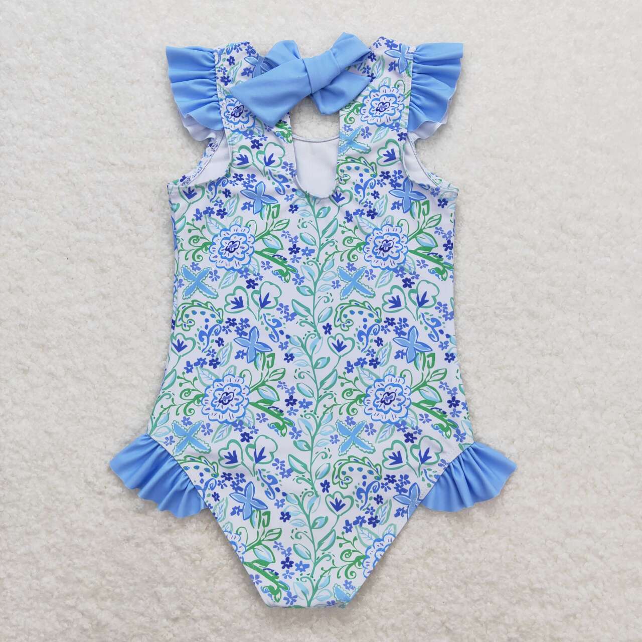 Baby Girl Short Sleeves Floral Blue One Piece Swimsuit