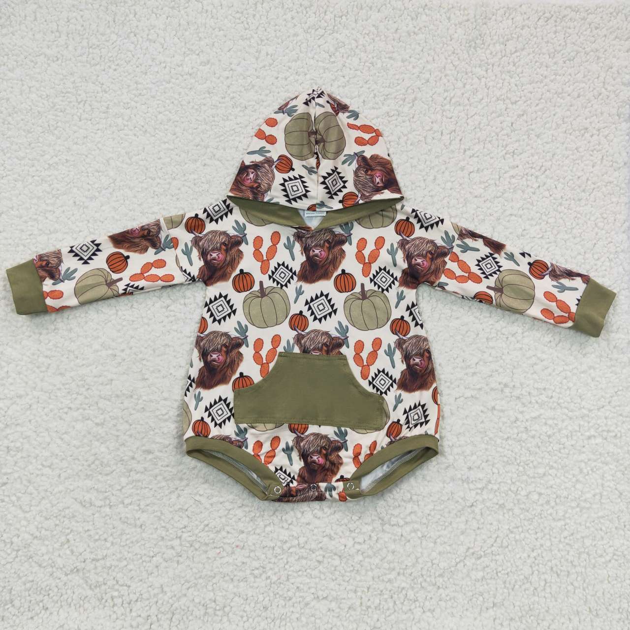 LR0281 Baby Kids Western Long Sleeves Hoodie Pumpkin Cow Cactus Pocket Romper