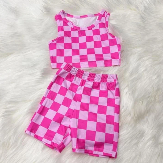 Moq 3 Pre-order GSSO0905 Baby Girl Sleeveless Pink Checkered Tops Shorts Summer Set