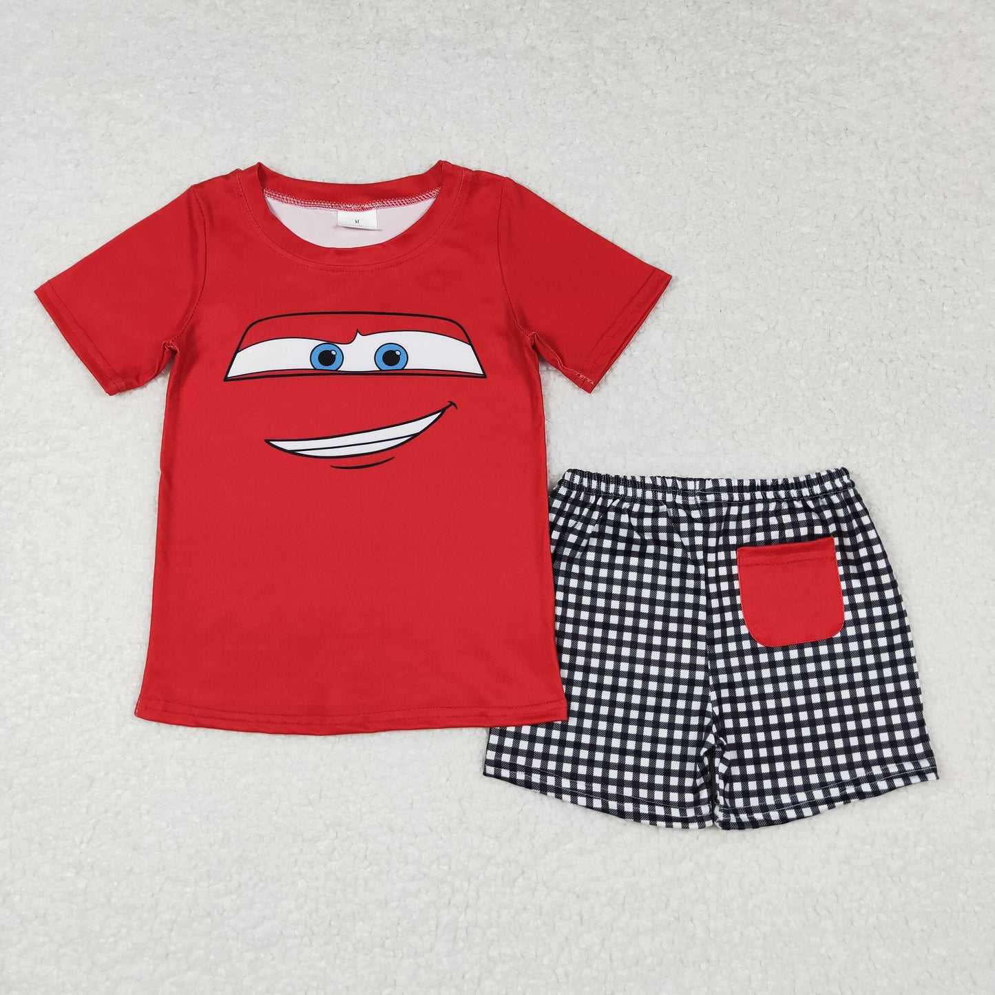 Baby Boy Red Short Sleeves Car Shirt Plaid Shorts Cartoon Set