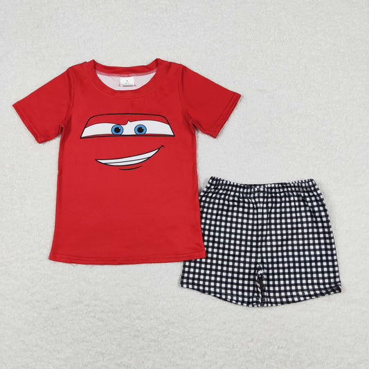 Baby Boy Red Short Sleeves Car Shirt Plaid Shorts Cartoon Set