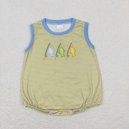 Baby Boy Sleeveless Embroidery Fishing Stripes One Piece Romper