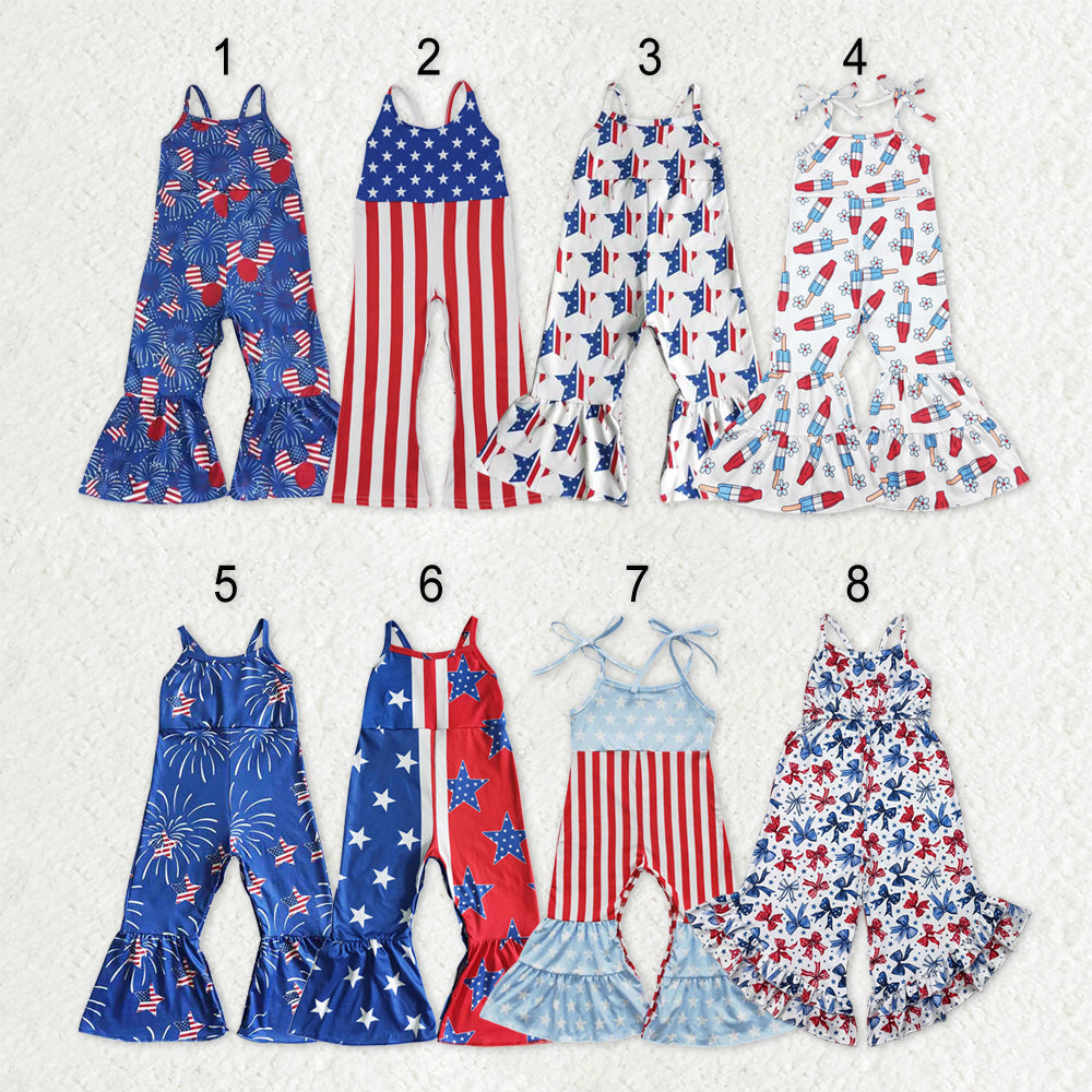 Sibling Baby Girls Kids Straps Stars Bows 4th Of July Bell Pants Jumpsuits RTS