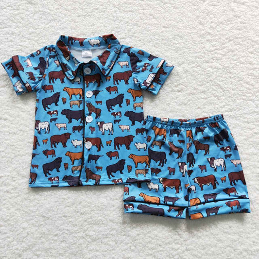 BSSO0276 Baby Kids Short Sleeves Farm Cow Cardigan Shorts Summer Pajamas Outfit